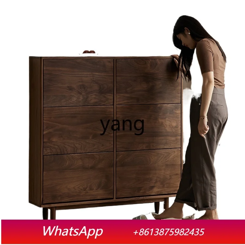 

LHLH black walnut home wall ultra-thin tipping bucket shoe cabinet retro small apartment cabinet