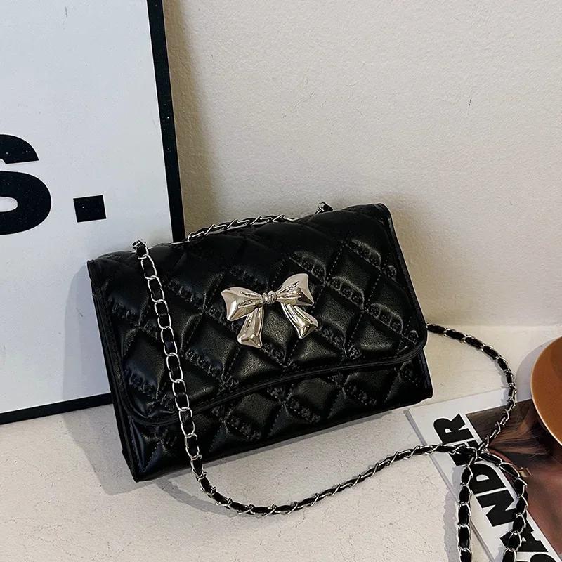 Rhombus casual chain solid color small square bag bow shoulder messenger bag