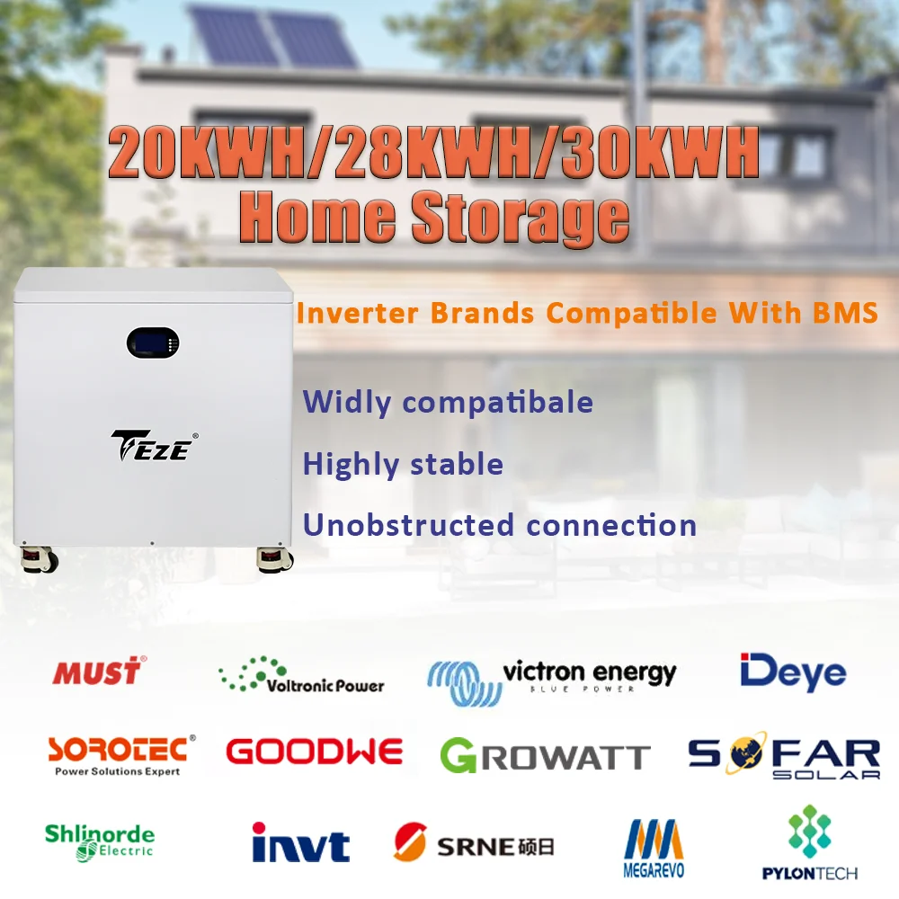 TezePower 30KWh 28KWH 20KWH 51.2V 600Ah 400Ah LiFePO4 بطارية مدمجة BMS خلية قابلة للشحن تخزين منزلي مع موازن نشط