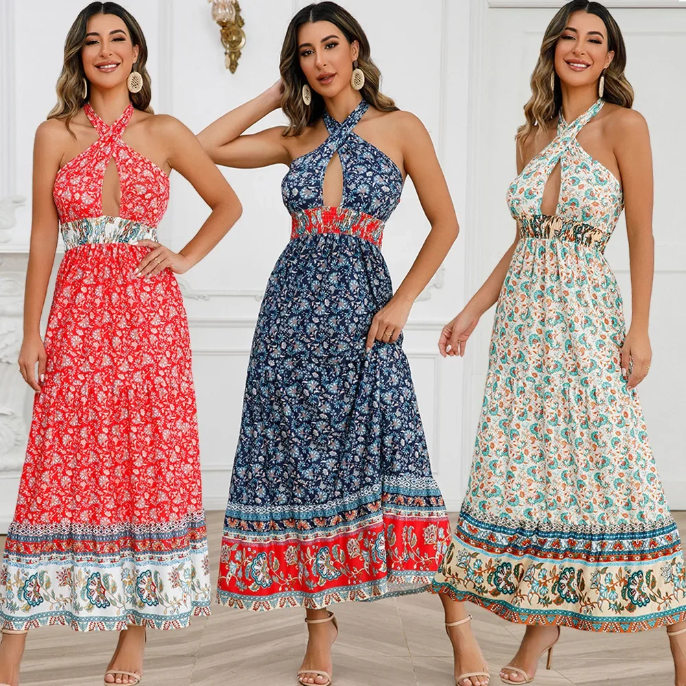 

MODX European and American Sexy Cross Strap Hanging Neck Dress Summer Women's New Bohemian Vintage Flower Dress