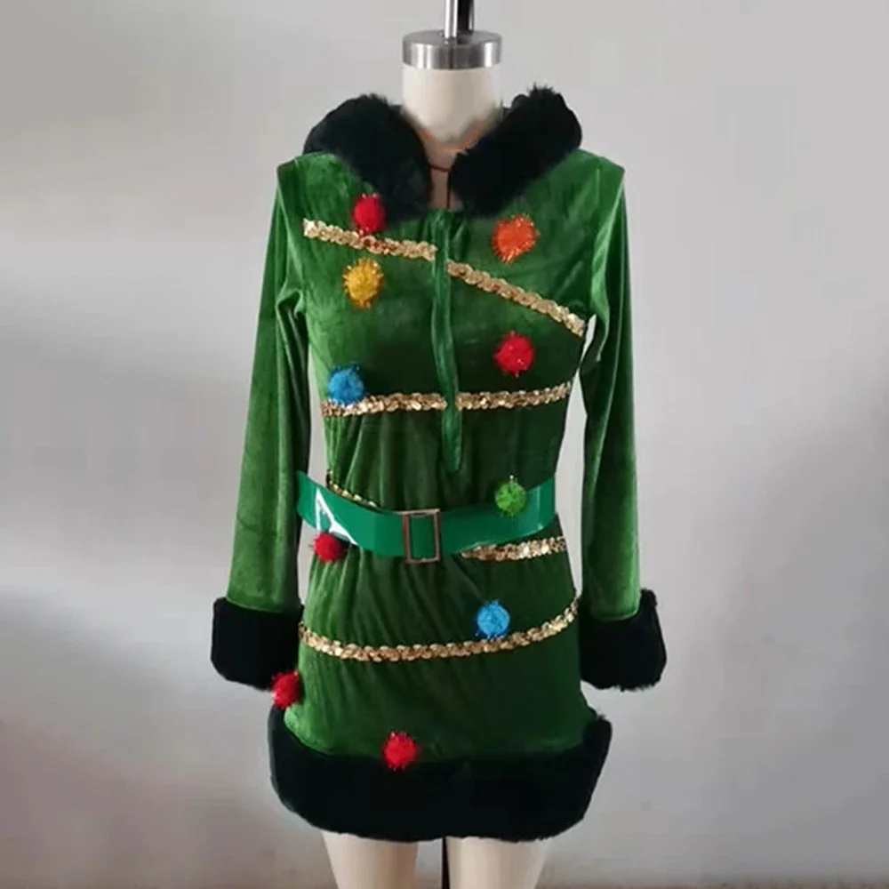 

Sexy Makeup Santa Claus Plush Dress Cosplay Christmas Tree Slot Hooded Coat Sequin Belt Hooded Holiday Party Stage Dress Set