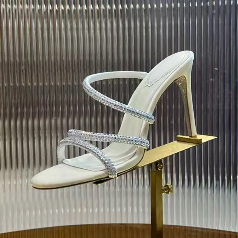 

Slippers One Strap Thin Hight Heels Sandals Women's Open Toe Rhinestone Decor Wedding Shoes Summer Party Dress Shoes Pumps