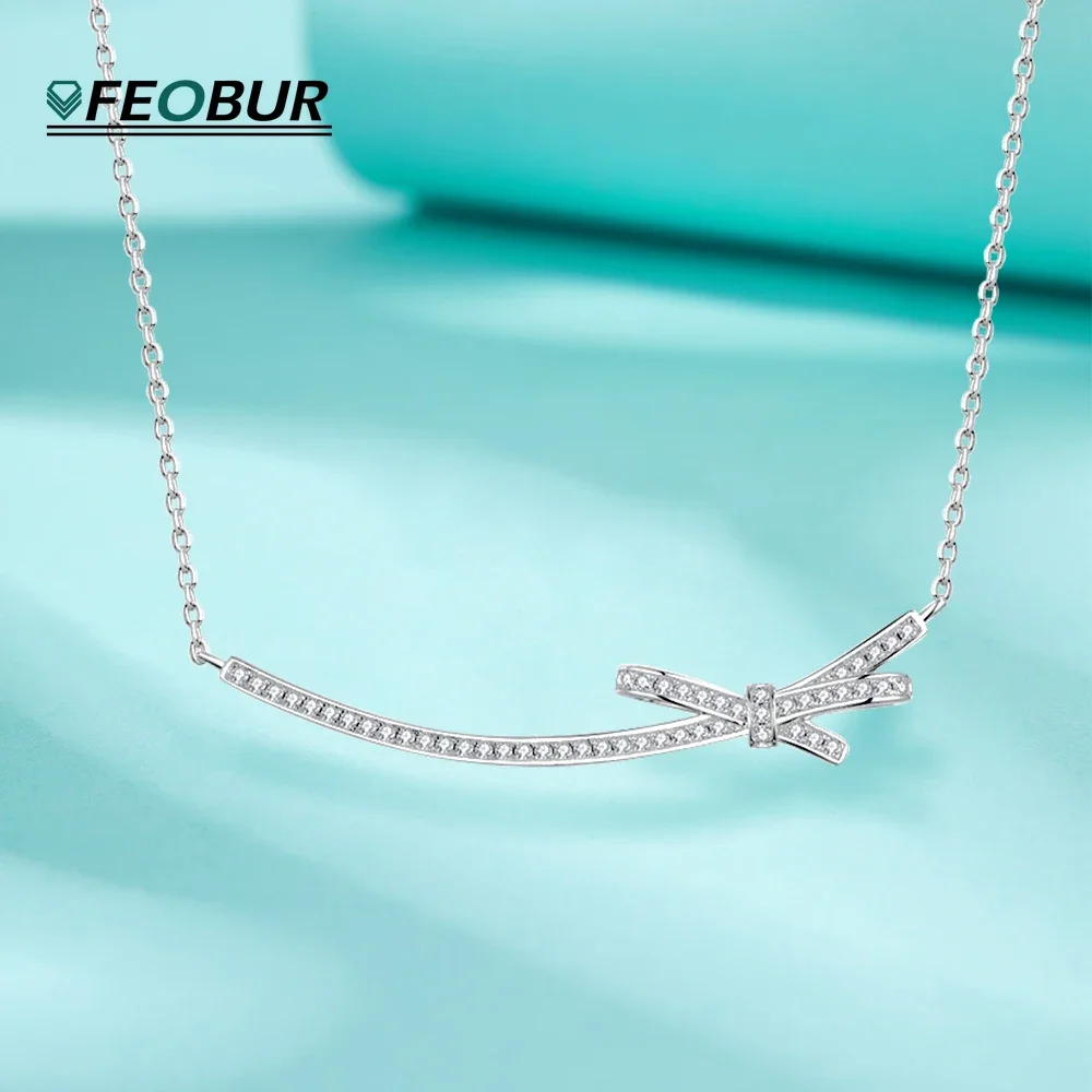 

FEOBUR All Moissanite Bow Pendant Necklace 100% 925 Sterling Silver Neck Chain for Women Engagement Wedding Jewelry Gifts