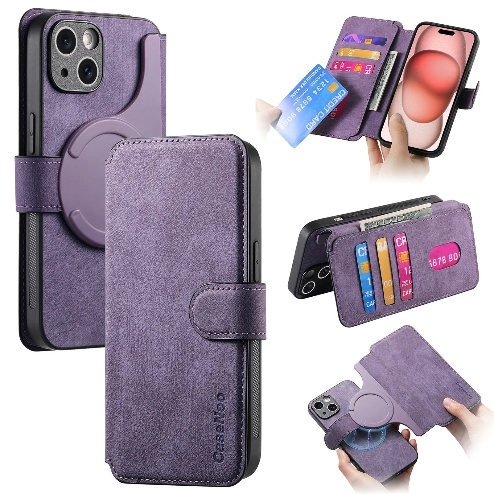 Removable Phone Case For iPhone 16 Pro Max 15 Plus 14 13 12 11 XR 8 7 Leather With Magsafe Wireless Charging Wallet Flip Cover