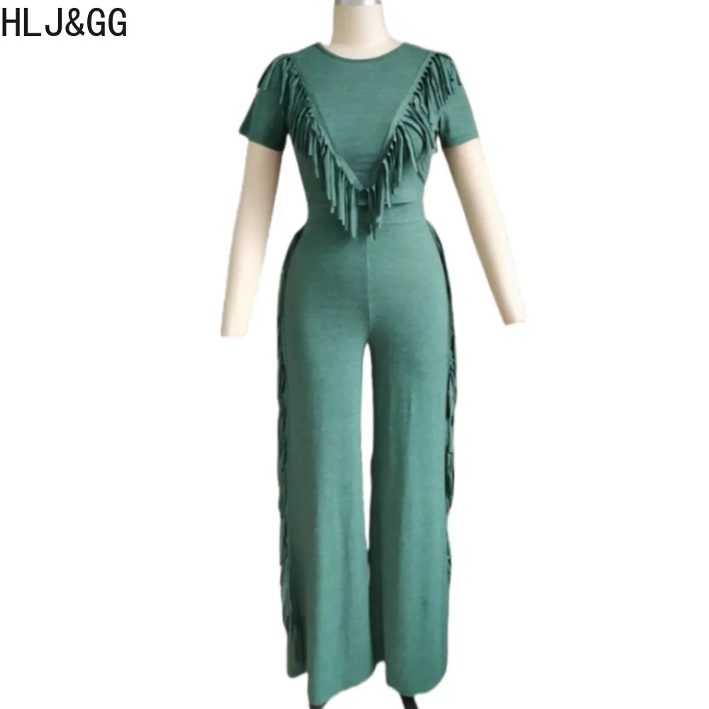 HLJ&GG Fashion High Elasticity Quality Tassels Two Piece Sets For Women Round Neck Short Sleeve Crop Top And Pants Outfits 2024