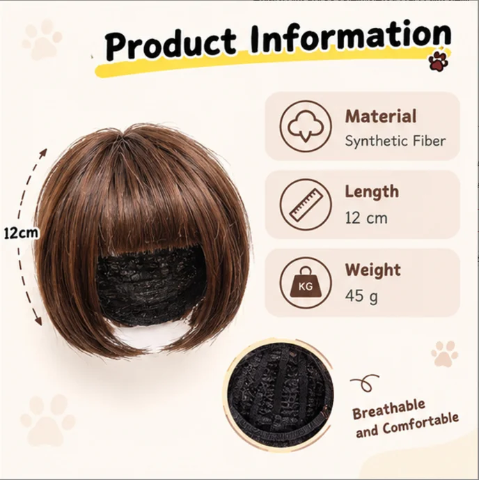 Adjustable Pet Bob Wig With Bangs Synthetic Hair Funny Costume Headwear for Cat Small Dog Halloween Cosplay Photo Props 2‑Color