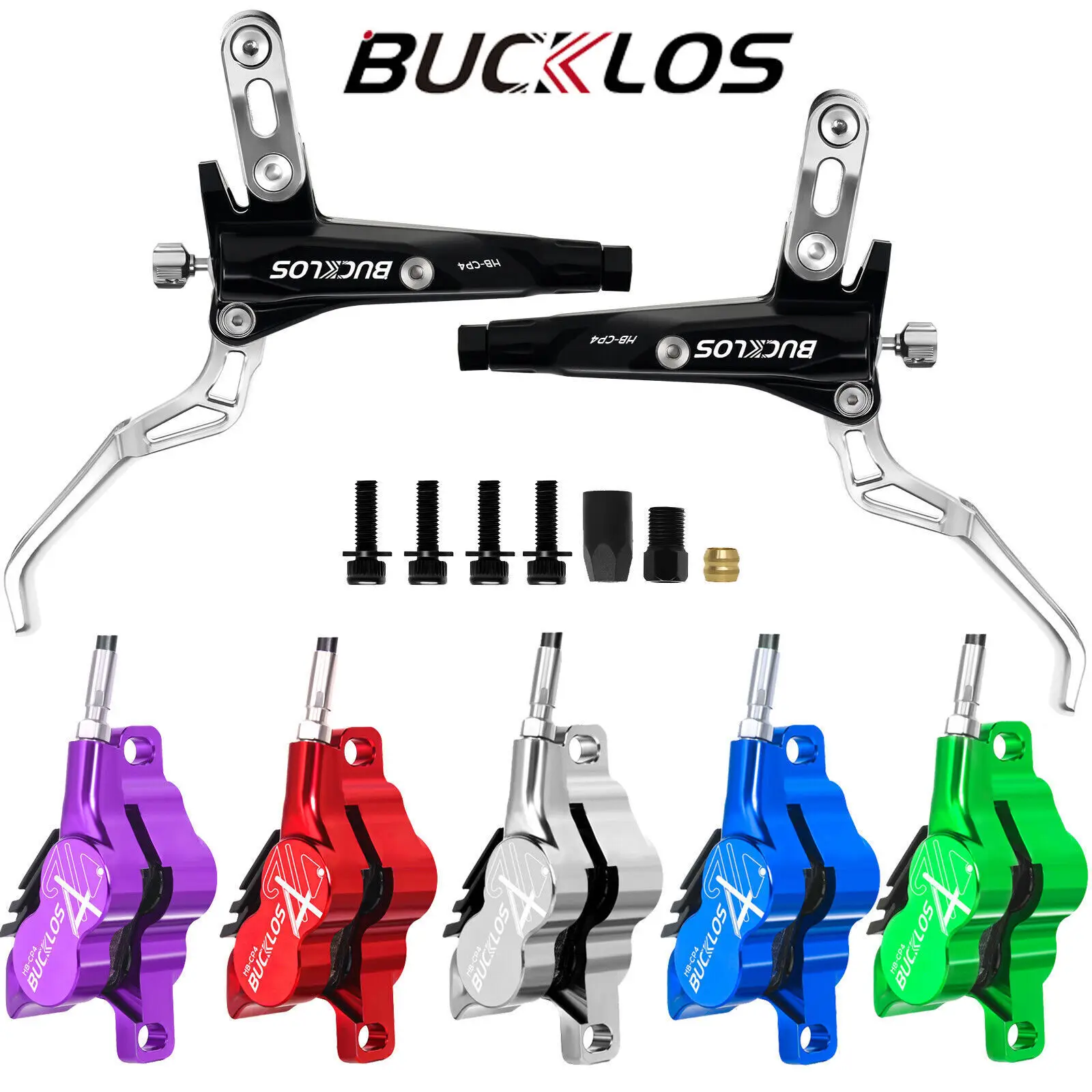 BUCKLOS 4-Piston Bike Oil Hydraulic Disc Brake 800/1550mm Bicycle Hydraulic Brake Set with Caliper for Electric Mountain Bike