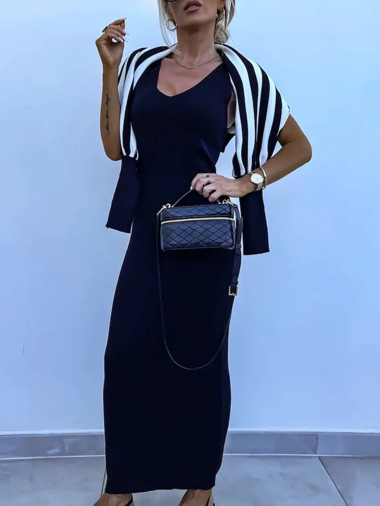 

Women Elegant Striped Print Top Pullover+V-neck Straps Long Dress Set Fashion Long Sleeve Knitted Outfit Autumn Office Lady Suit