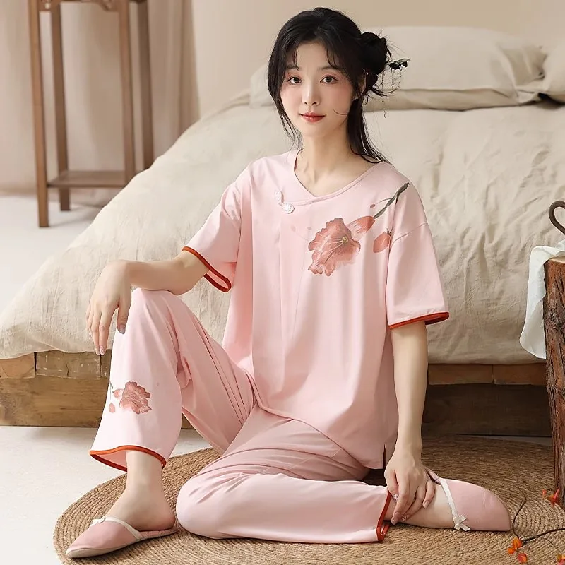 Women's Short Sleeved Pants Set Summer Pajamas New Chinese Style Cotton Home Clothes Retro Print Lounge Sleepwear Pijama Suit