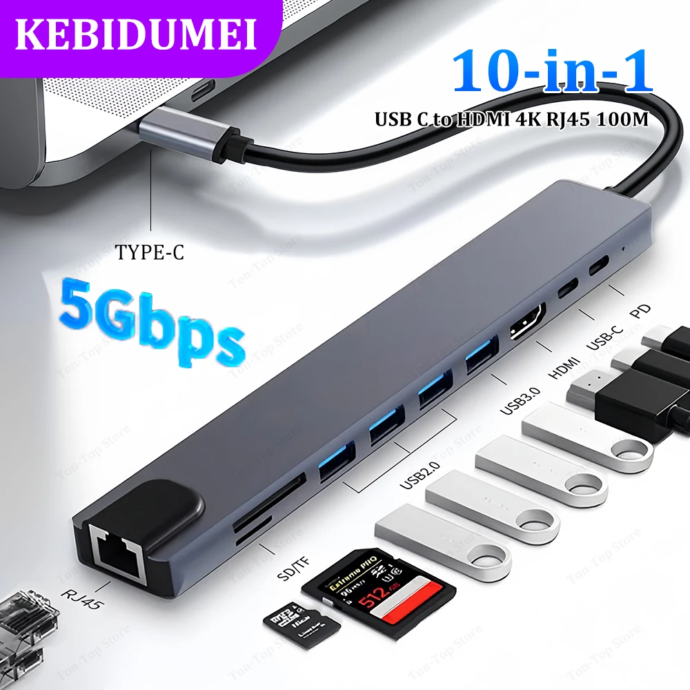 10-in-1 USB C Docking Station USB C HUB Type C to 4K HDMI Adapter USB C Splitter PD/RJ45/USB 3.0 5Gbps/SD/TF For Laptop Macbook