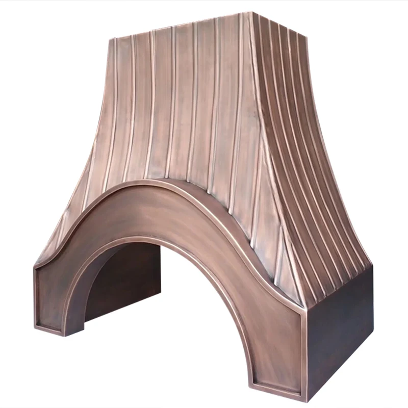 Custom Arched Copper Heavy Gauge Hand Finished Brushed Antique Patina Mediterranean Style Wall Mounted Range Hood Air Exhaust