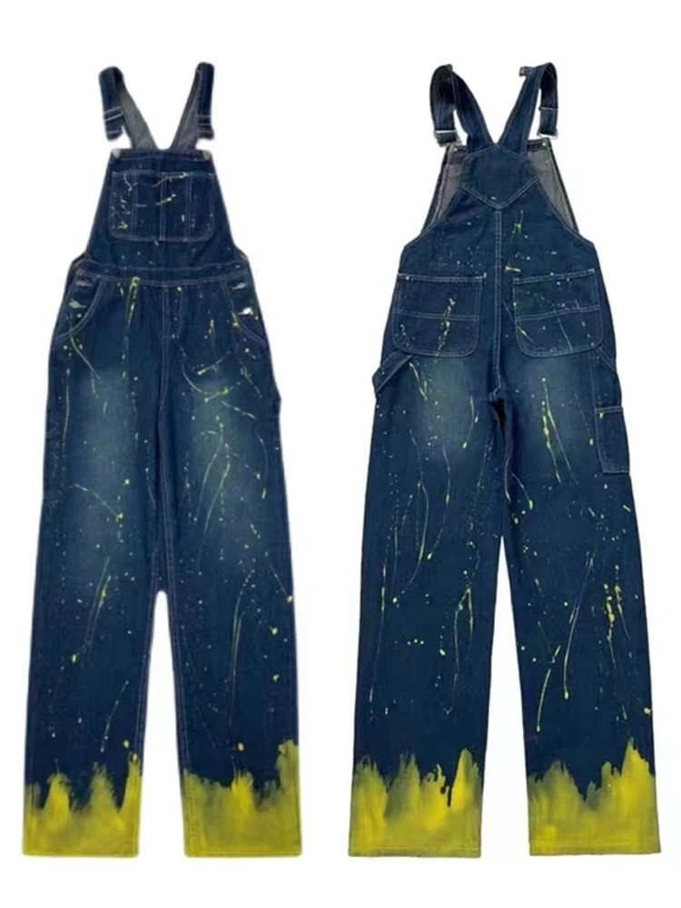 하이웨이스트 와이드 레그 데님 오버롤 여성 여름 스트릿 슬림 디자인 워크웨어 롱 팬츠 플로어 렝스 끈 팬츠