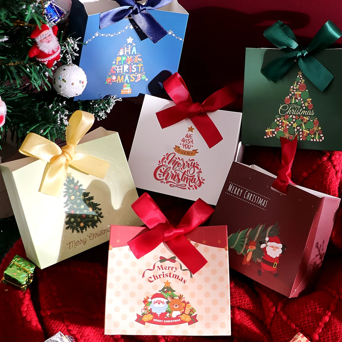 Pack of 10 Festive Christmas Mini Gift Bags with Ribbons - Colorful Design Featuring Christmas Tree, Santa and Merry Christmas W