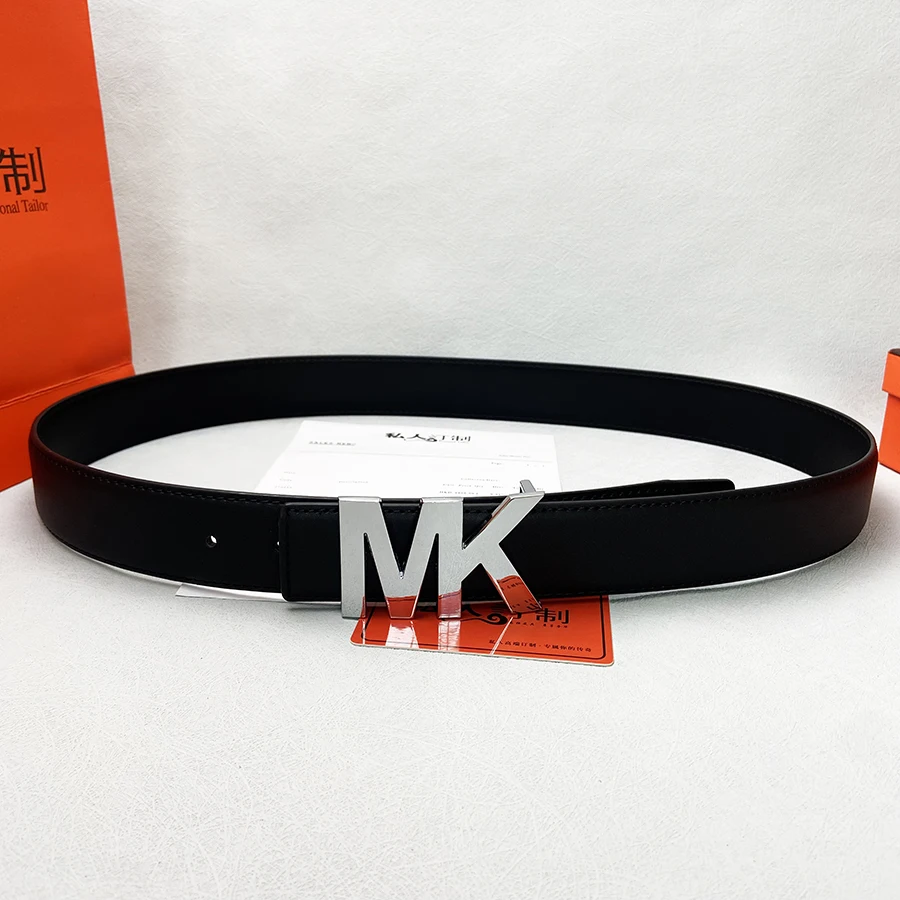 حزام رسمي للرجال Premium 2025 - حزام من الجلد الطبيعي باللون الأزرق الداكن مع إبزيم فضي مصقول + طقم عرض برتقالي