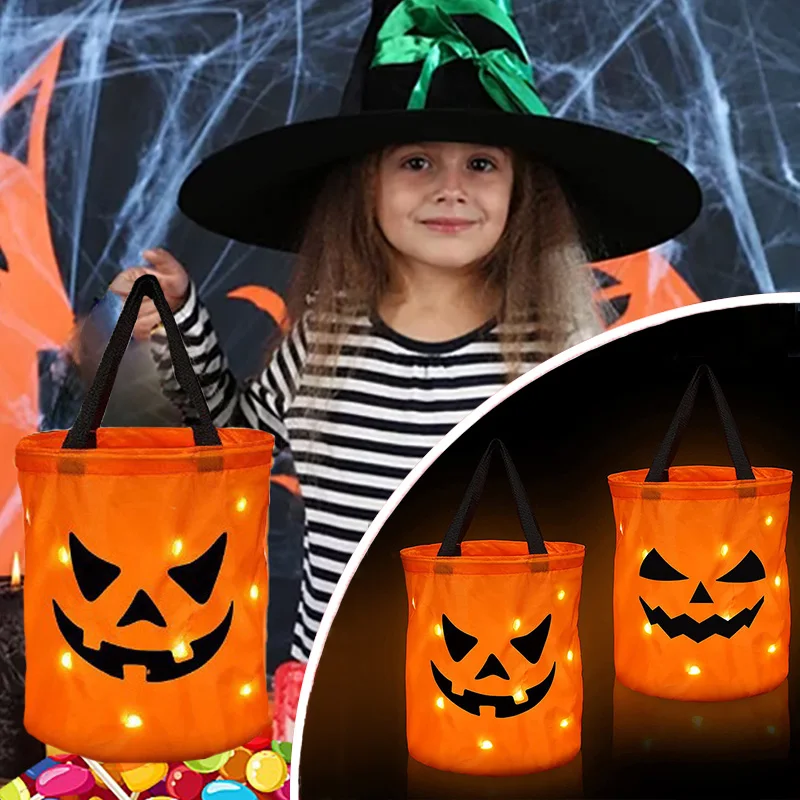 

Luminous Halloween Trick or Treat Bucket with Pumpkin Smile Face LED Light up Candy Bags for Kids Adults Halloween Party Bags