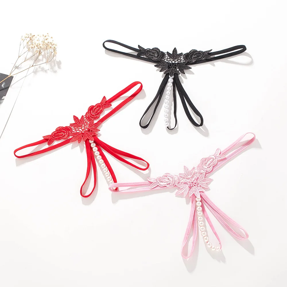 Sexy panties for women, hollow embroidery, sexy thong, pearl massage, open crotch, Panties Ladies Thong