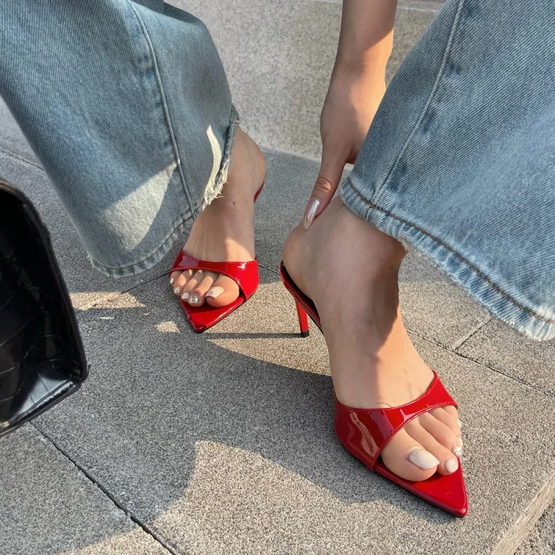 7cm White Heels Slippers Stiletto Ladies Sandals White Patent Leather Summer Shoes Woman 2025 Pointed Toe Sandalias De Mujer