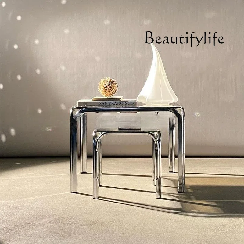 

X скандинавский новый минималистичный журнальный столик из нержавеющей стали, средневековый стеклянный приставной столик, комбинированный приставной столик небольшого размера