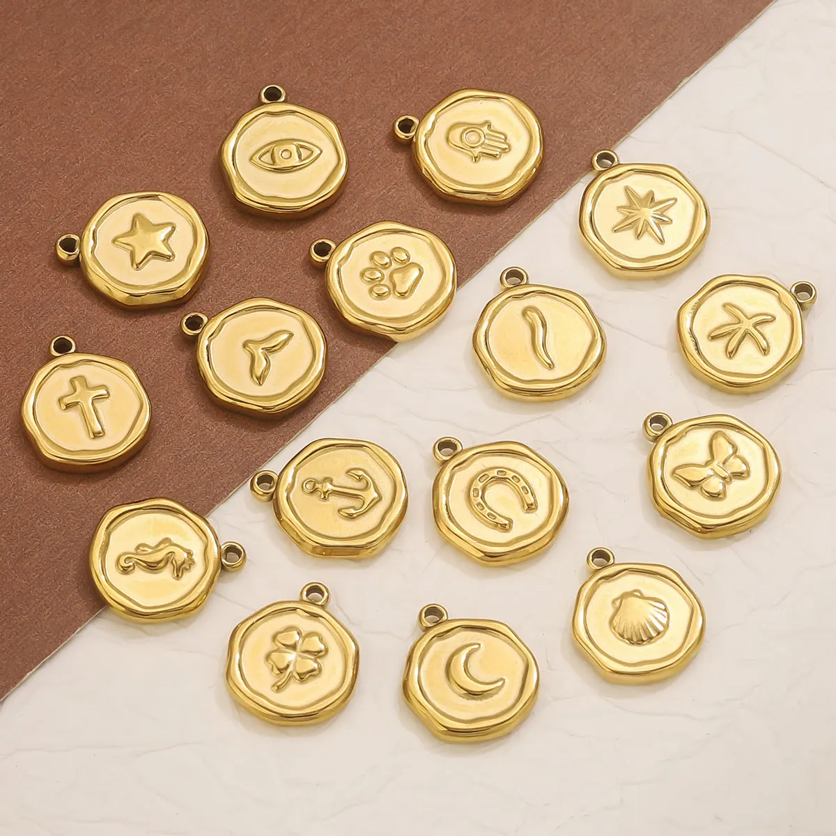 5pcs 18K Gold Plated Stainless Steel Flower Starfish Charms Mix Round Coin PendantsDIY Women Bracelet Necklace Jewelry Making