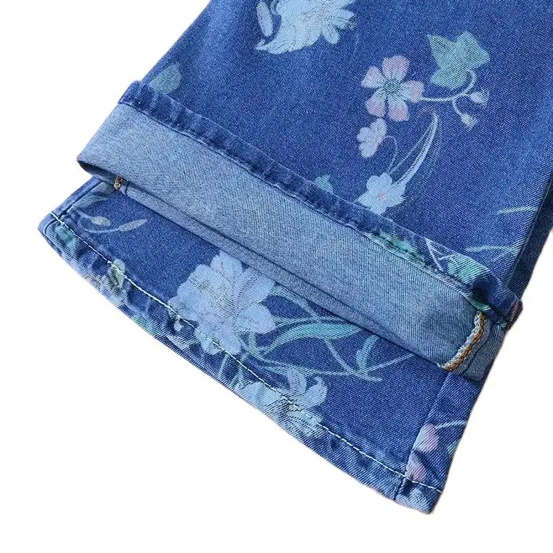 Thin Print Jeans Elastic Micro-Trumpet Jeans Female Summer High Waist Joker Personality Traight Tube Denim Long Pants Women