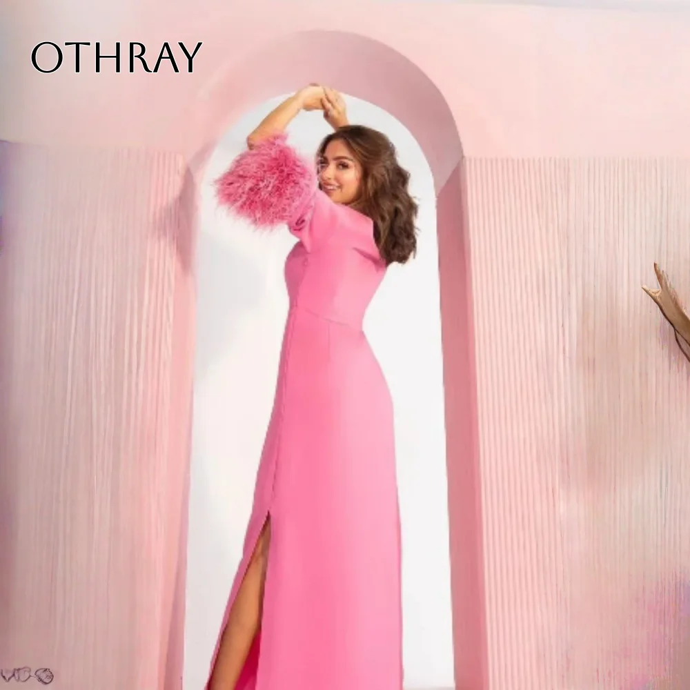 Othray quadrado pescoço manga longa fenda feminino elegante formal festa vestido de noite vestidos de gala rosa vestido de baile penas
