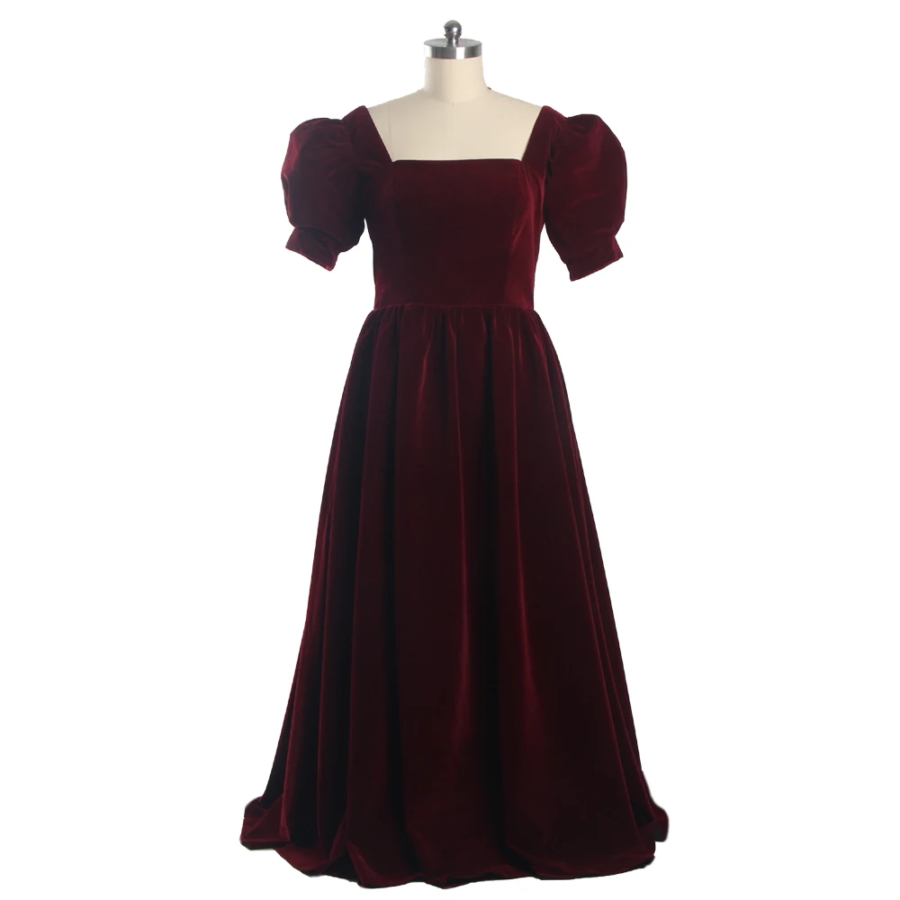 

Evening Dresses Burgundy Velour Square Collar Short Sleeves Lace up A-line Pleat Floor Length Plus size Women party Dress B1529