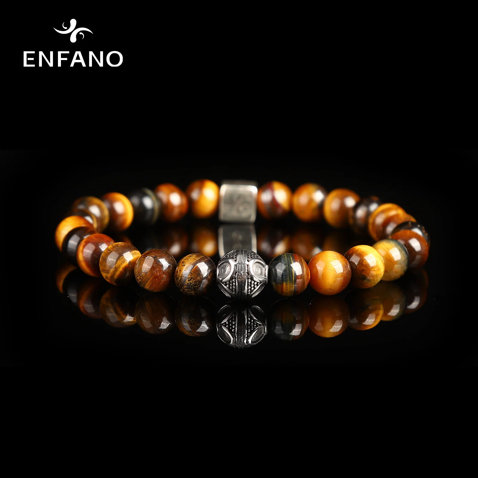 

ENFANO Yellow Tiger Eye Stone Bracelet 8mm Round Bead Bracelet Fashion Men Gift Size Name Text Personalized Custom Jewelry