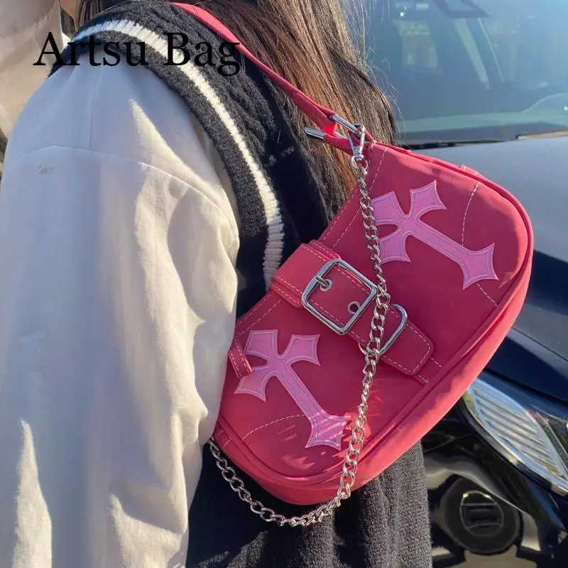 

New Retro Commuting Bag Women's Shoulder Bag Girls Y2K Fashion Chain Decor Pink Versatile Korean Style School Hobo Bag