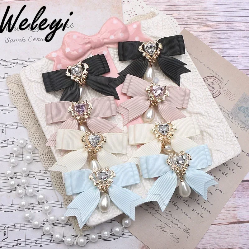 Lolita Sweet Hair Accessories Female Jirai Kei Japanese Korean Cute Girl Side Clips Mine Style Lace Bow Rhinestone Hairpins 2024