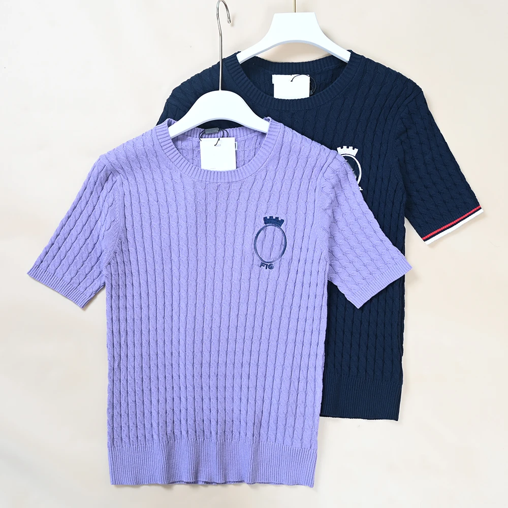 

Elegant Summer New Women's Knitted Cotton Short Sleeve Embroidered Yarn Twist Casual round Neck Pullover Sweater