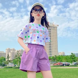 Summer Suit for Girls 2024 New Baby Short Sleeve T-shirt + Loose Shorts Two-piece Set Children Cute Clothing 4 6 8 10 12 Years