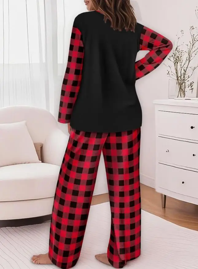 Conjunto feminino de Natal com gola redonda e estampa xadrez emendada com estampa de árvore de Natal, top de manga comprida e calças de perna reta