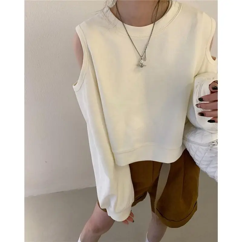 Fashion O-Neck Spliced Off Shoulder Hollow Out T-Shirt Women\'s Clothing 2022 Autumn New Casual Pullovers Loose Korean Tee Shirt