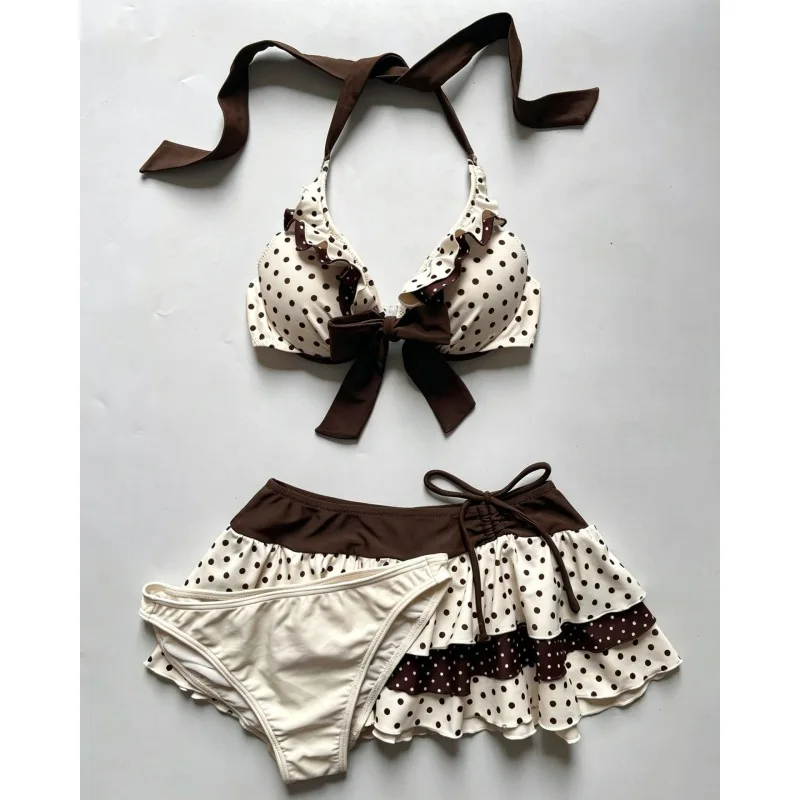 New coffee white contrasting wave point hanging neck bow lace small fresh suspender lotus leaf short skirt casual set