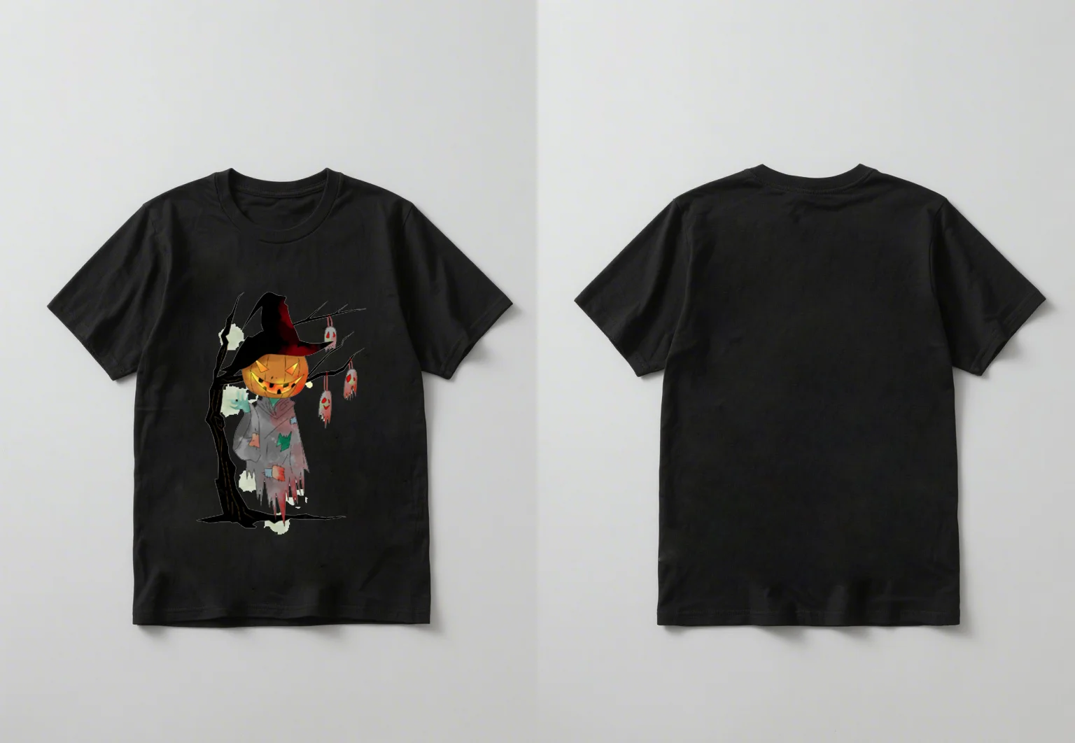 เสื้อเชิ้ตแขนสั้นพิมพ์ลายฟักทองและพ่อมดฮาโลวีนอินเทรนด์และทันสมัยปี 2025 สวมใส่สบายและหลวมๆ