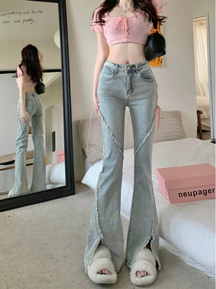 Summer Denim Vintage Sweet Pants Women Slim Lace-up Korean Casual Flare Pants Female New Japanese France Elegant Open Fork Jeans