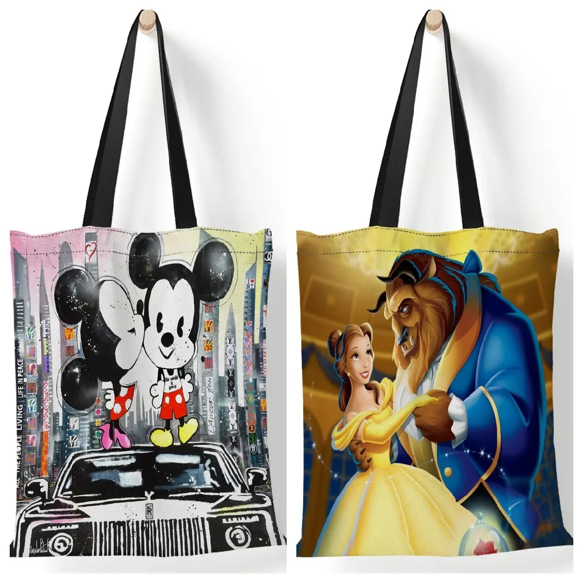 Disney Mickey Minnie Women\'s Shoulder Bag Fashion Cartoon Cute Printed Canvas Tote Bag Shopping Travel Large Capacity Storage