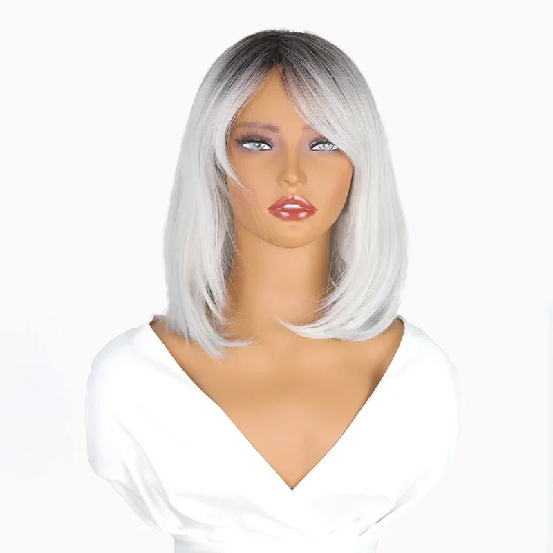 HOVOX Synthetic Wig Women's Short Straight Hair Grey Slant Bangs Bob Daily Wear cosplay Party Style Heat Resistant Wig