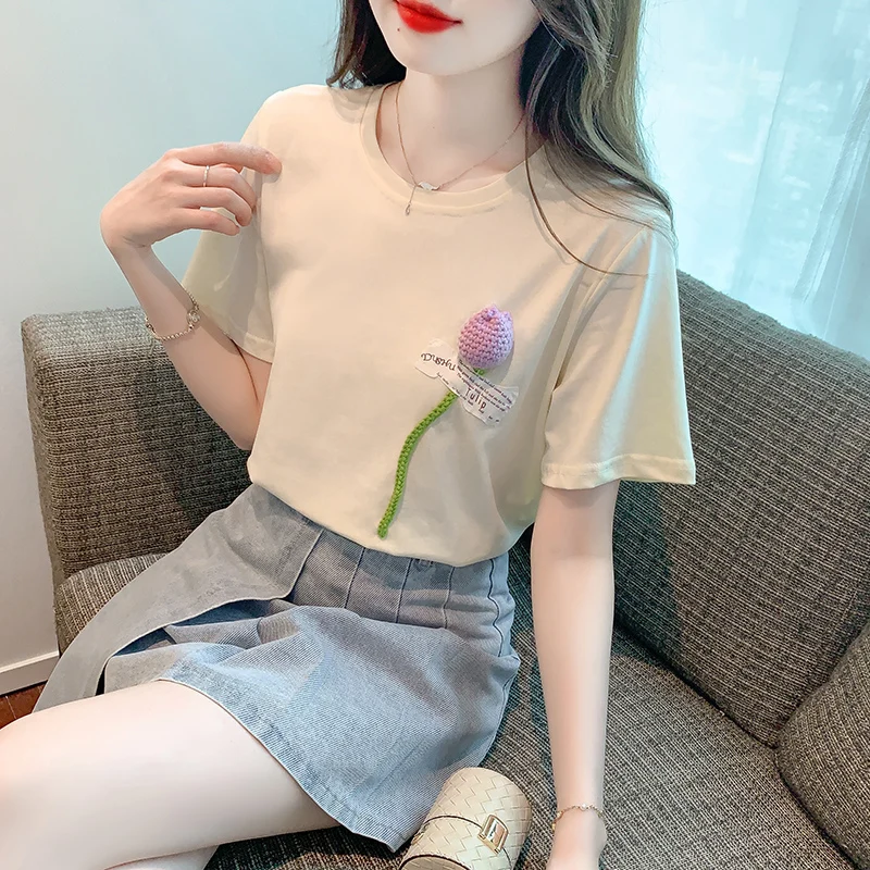 

Summer 2023 Design T-shirt Women Knitted Flower Patchwork Cotton Loose Tops Tee O-neck Short Sleeve Casual White Shirt 36904