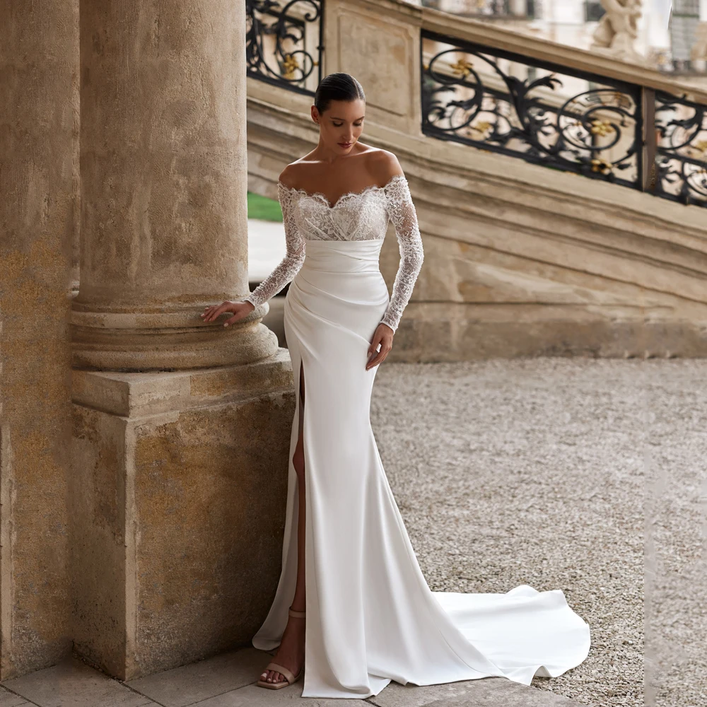 

Customized Off Shoulder Wedding Dresses For Brides 2025 Mermaid Side Split Corset Bride Gowns Elegant Satin vestidos de novia