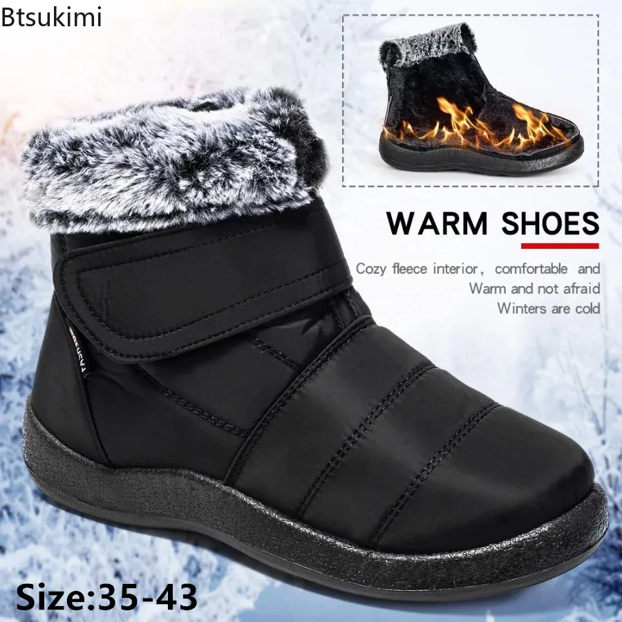 

2024 Women's Winter Warm Rabbit Fur Snow Boots Woman Waterproof Non Slip Hook&Loop Boots Women Plus Size Thick Plush Ankle Boots