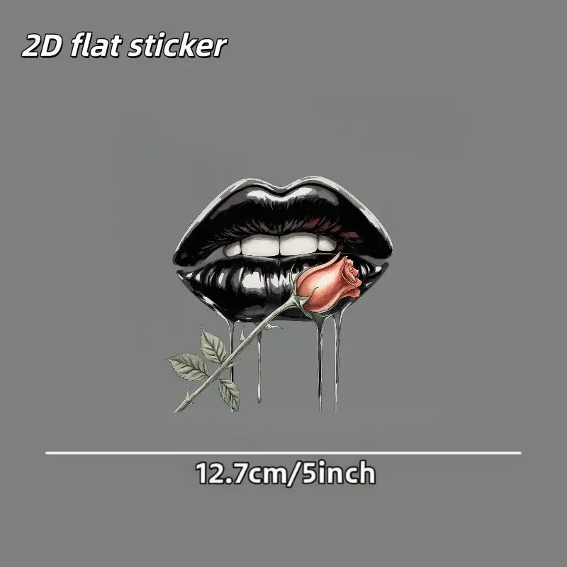 1Pc 2D Flat Glossy Black Lips & Rose Vinyl Sticker, Surreal Style Waterproof Decal for Car Window, Body & Skateboard