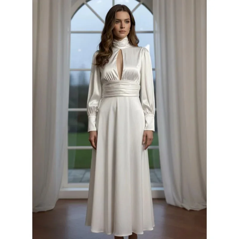 

Women's Elegant Satin Evening Dress Deep V Neck Long Sleeve High Waist Flowing Maxi Gown For Party Banquet Wedding Holiday Style