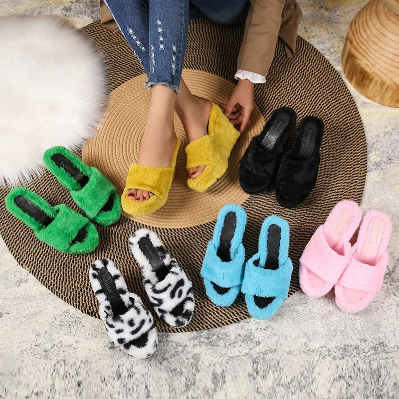 New Fur Slippers Women\'s Wedge Heel Shoes Women High-heeled Furry Drag Fashion Outdoor All-match Shoes Slippers Furry Slides