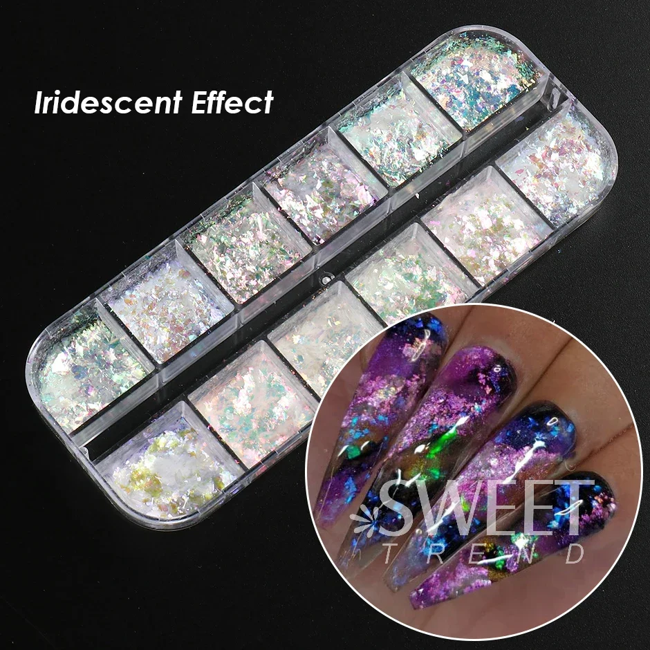 12 Gitter, schillernde Kristallnägel, Aurora-Glitzer, Feuerflocken, holografische glitzernde Pailletten, Charms, Gel-Nagellack, Maniküre, Flash-Dekor