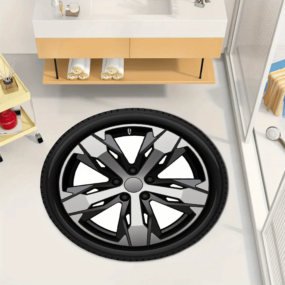Car Wheel Tire Round Rug Flannel Automotive Themed Garage Decor Vehicle Floor Carpet Man Cave Area Rugs Non Slip Durable