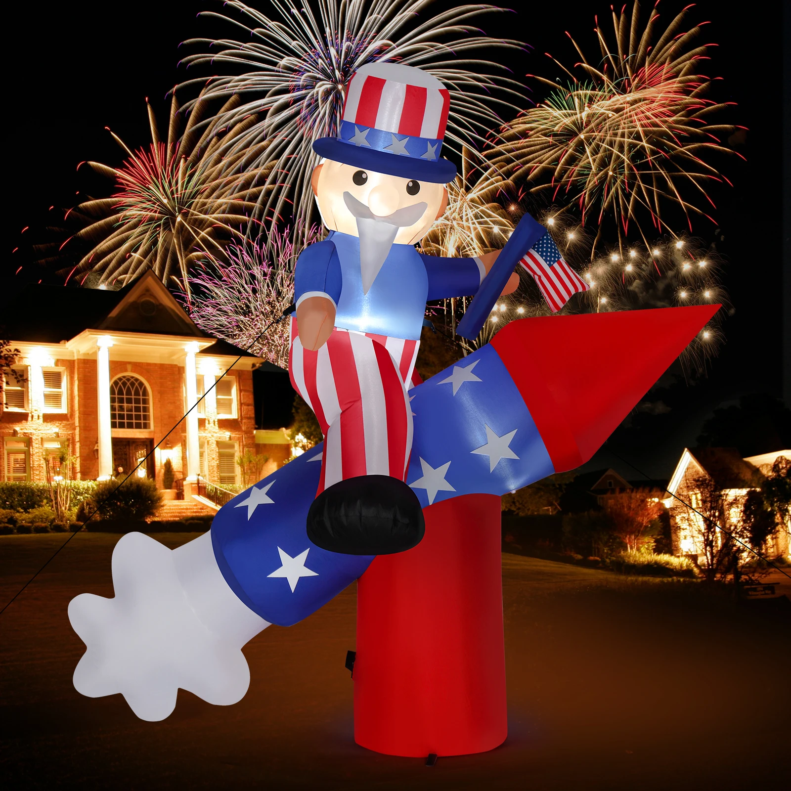 6ft Uncle Sam on Rocket Independence Day Blow Up Lighted Decoration With 3Led Light