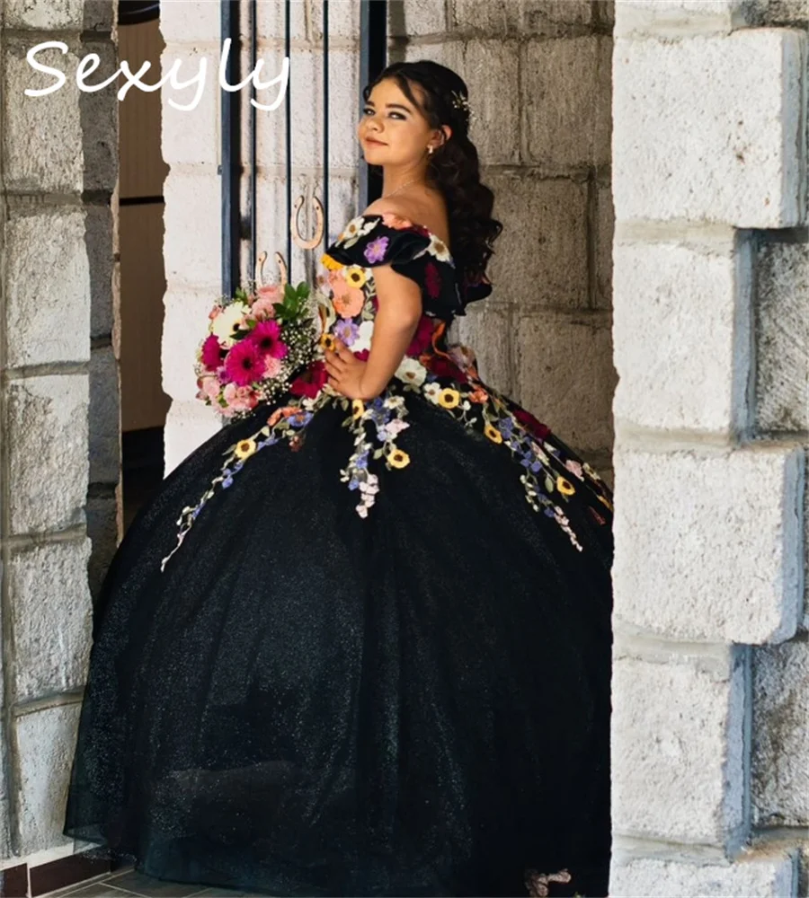 Princess Black Quinceanera Dresses Charro Mexican Coloful Flowers Vestidos De 15 Años Quinceañeras Elegant Birthday Party Gowns