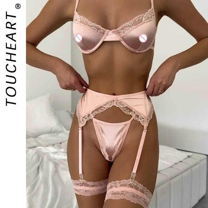 

Toucheart 4PCS Patchwork Sexy Interesting Underwear Thong Set Slim Backless Lace Up Hollow Out Floral Mesh Sexy Underwear Set