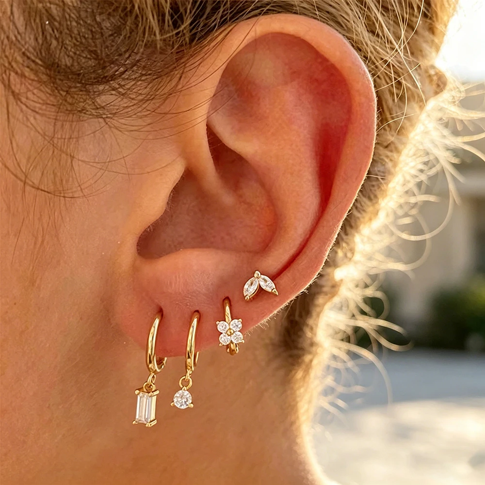 

4Pcs Dainty Gold Plated Earrings Set Cubic Zirconia Leaf Flower Stud Rectangle Drop Cartilage Earrings Stack Jewelry for Women